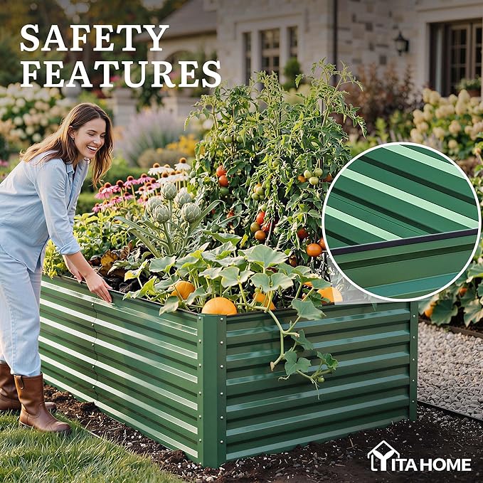 YITAHOME 6pcs 8x4x2 ft Galvanized Raised Garden Bed Kit Large Metal Planter Box with Gloves Safety Rubber &amp Support Rod Outdoor Flower Bed for Plants Vegetables Green