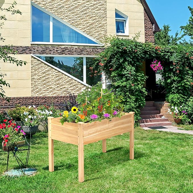 Giantex Raised Garden Bed Kit Elevated Planter Box for Vegetables Fruits Herb Grow Heavy Duty Natural Cedar Wood Frame Gardening Planting Bed for Deck Patio Yard 49.5X23.5X30.0