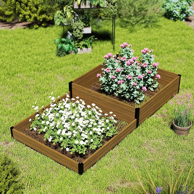 Elevated Wooden Raised Garden Planter - 2-Tier Outdoor Flower &amp Vegetable Box for Patio Backyard or Garden - Durable Weather-Resistant Design - 47.2 x 47.2 x 12.2 (Brown)