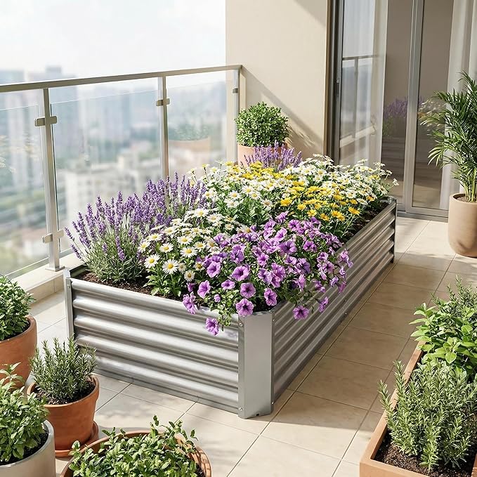 Metal Raised Garden Bed 8x4x1 ft Rectangle Planter Box Rust-Resistant Galvanized Steel with Open Base Design Quick Assembly for Vegetables Flowers and Plants (Silver)