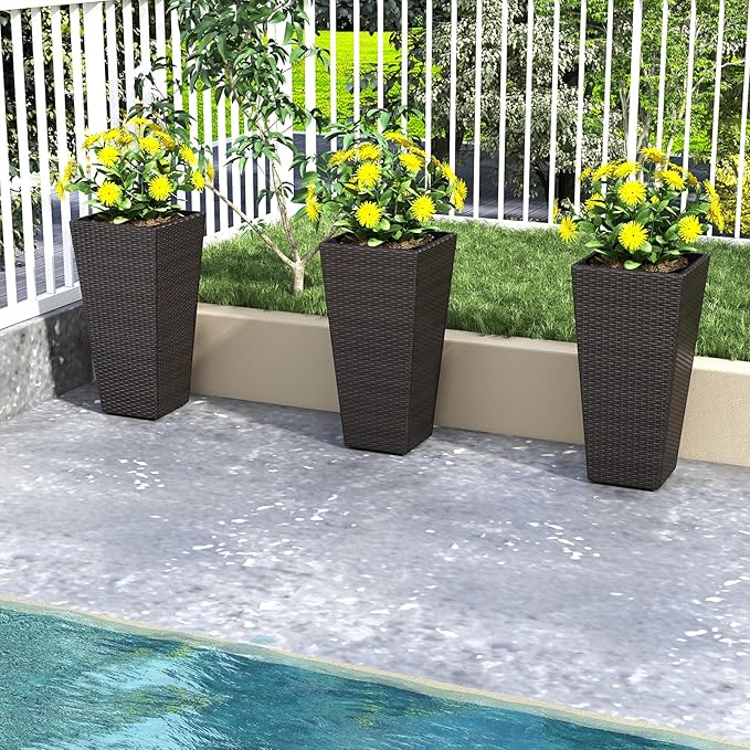 HAPPYGRILL 30 Tall Plant Pot Set of 2 Modern Decorative Flower Pots w/Open-Ended Base PE Rattan Frame Non-Woven Soil Bag Square Textured Flower Pots for Outdoor Garden Patio Front Porch