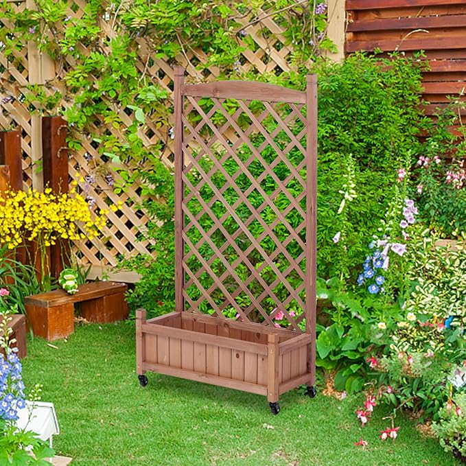 2-Pack Raised Garden Beds with Trellis | Outdoor Wooden Planter Boxes on Wheels | Climbing Plant Stand with Drainage Holes