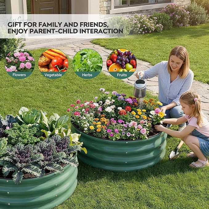 ZORMY Galvanized Raised Garden Bed Outdoor Round Metal Planter Boxes 2 Pcs 3x3x1ft Steel Raised Bed Kit for Planting Vegetables Fruits Flowers(LotusGreen)