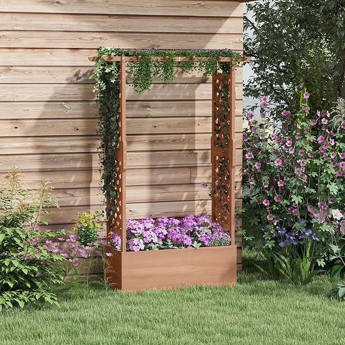 Fir Wood Garden Bed Planter with Dual Trellis Sides and Pergola Extension Self-Draining 44 inches by 16.25 inches by 70.75 inches 99 Pounds