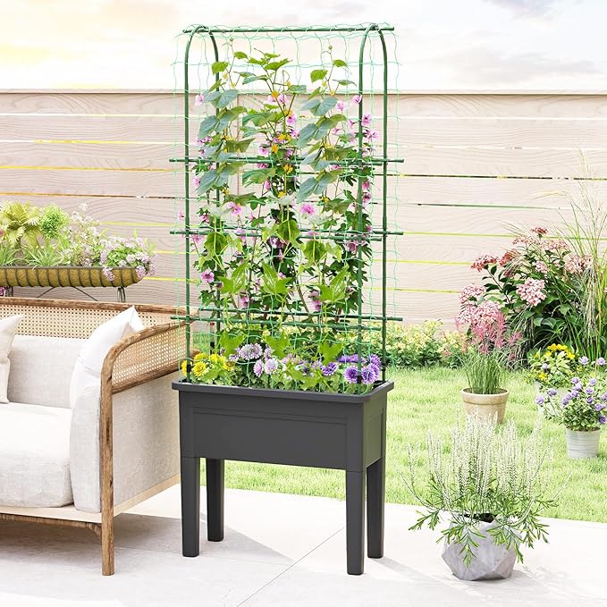 Giantex Raised Garden Bed with Legs &amp Trellis for Climbing Plants Self-Watering Planter Box w/Water Level Gauge for Vine Flower Herb Vegetable (29.5x13.5x76)