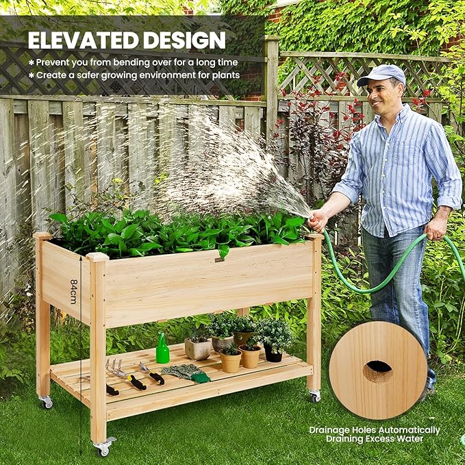 SlickBlue Wood Raised Planter Bed with Wheels Shelf Drainage Liner for Patio