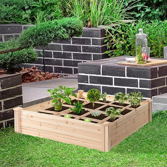 Raised Garden Bed Kit 4' x 4' Outdoor Wooden Planter Box with 9 Growing Grids for Plants and Herbs