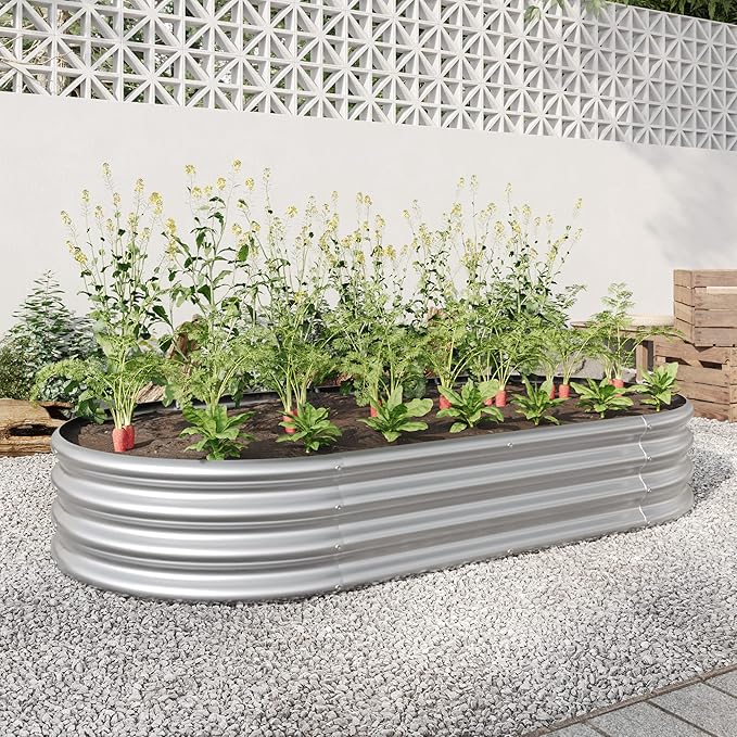 Raised Garden Bed Outdoor Oval Large Metal Raised Planter Bed for for Plants Vegetables and Flowers - Silver