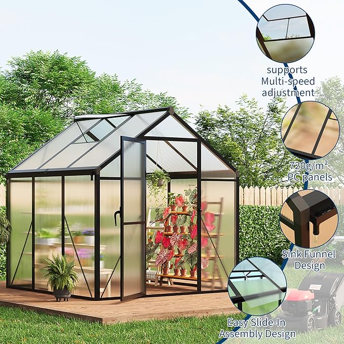 6X6 FT Greenhouse for Outdoors Large Walk-in Polycarbonate Greenhouse Kit Aluminum Frame Lockable Door Roof Vent Ground Spikes for Garden Patio Backyard Outdoor Plant Growth