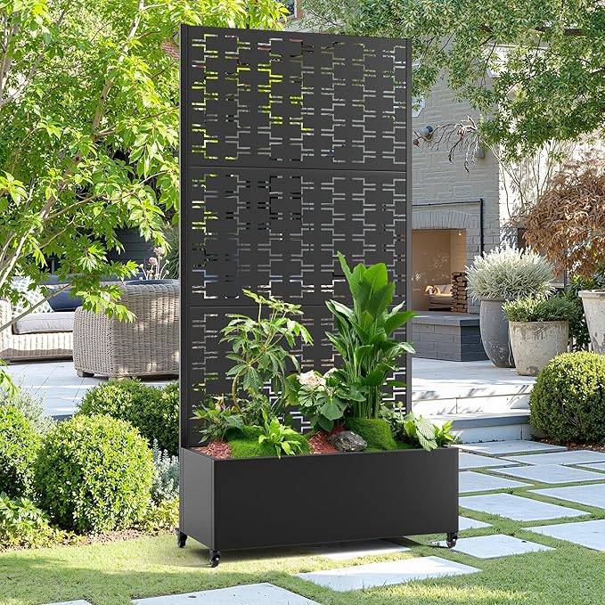 15.7×70.9×35.4 Metal Raised Garden Bed with Trellis and Wheels - Tall Trellis Planter Box for Climbing Plants Vegetables &amp Vines - Outdoor Privacy Planters for Patio (Black-Brick)