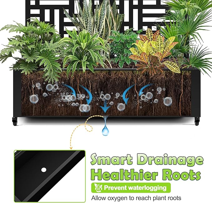 Metal Trellis Planter Box for Patio Large Raised Garden Bed with Trellis and Wheels Outdoor Privacy Planters for Climbing Plants Features Drainage Holes and Privacy Screen (47 L Black Helen)