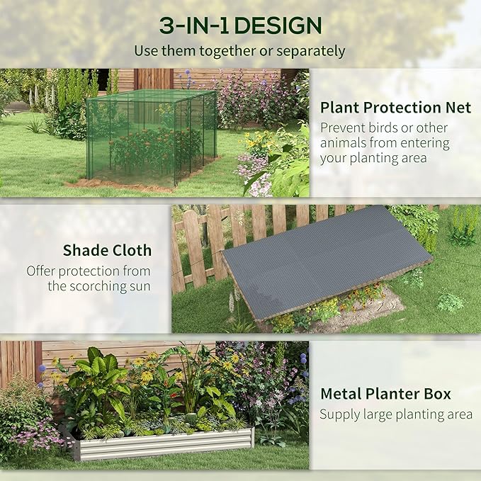 Outsunny 7.3 x 3.4 x 1 ft Galvanized Raised Garden Bed with Crop Cage Plant Protection Net and Shade Cloth Roof Metal Planter Box with Cover for Vegetables Flowers Herbs Beige