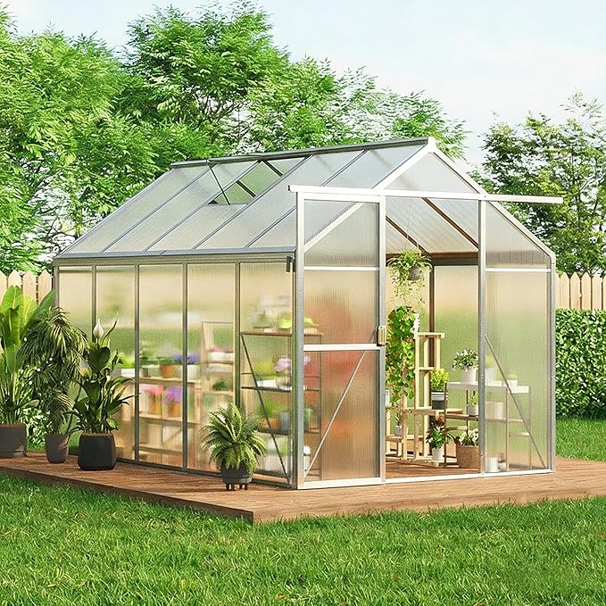 6X10 FT Greenhouse Greenhouses for Outside Aluminum Frame Polycarbonate Panels with Sliding Lockable Door and Ajustable Roof Vent Spacious Walk-in Design for Backyard Garden Patio Silver