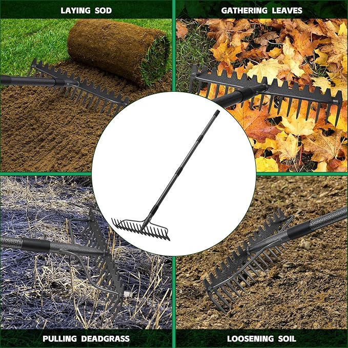 77'' Bow Rake 17 Tines Metal Head Rakes with Stainless Steel HandleHeavy Duty Garden Rake for Loosening Soil Gathering Leaf Leveling Lawn Farming Land Management Yarn Thatch Rake