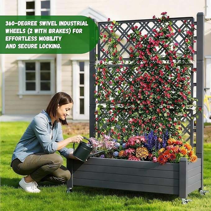 Elevated Raised Garden Bed with Trellis 21 Gallon Self-Watering Outdoor Resin Planter Box with Lockable Wheels Drain Plug &amp Water Monitor for Plants Vegetables Flowers Fruits (Black)