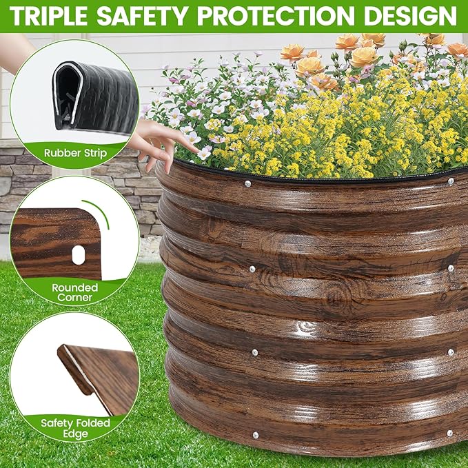 Galvanized Raised Garden Bed Outdoor |17'' Tall Planter Box Outdoor for Deep Root Plants | 3Pcs Raised Bed Kit for Gardening with Rubber Strip for Vegetables Flowers Fruits (Grain 4x2x1.4FT)