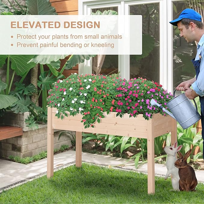 Self-Watering Elevated Garden Bed 48x22 Inches Elevated Wood Planter with Drainage Holes &amp Protective Liner Perfect for Herbs &amp Vegetables on Balcony