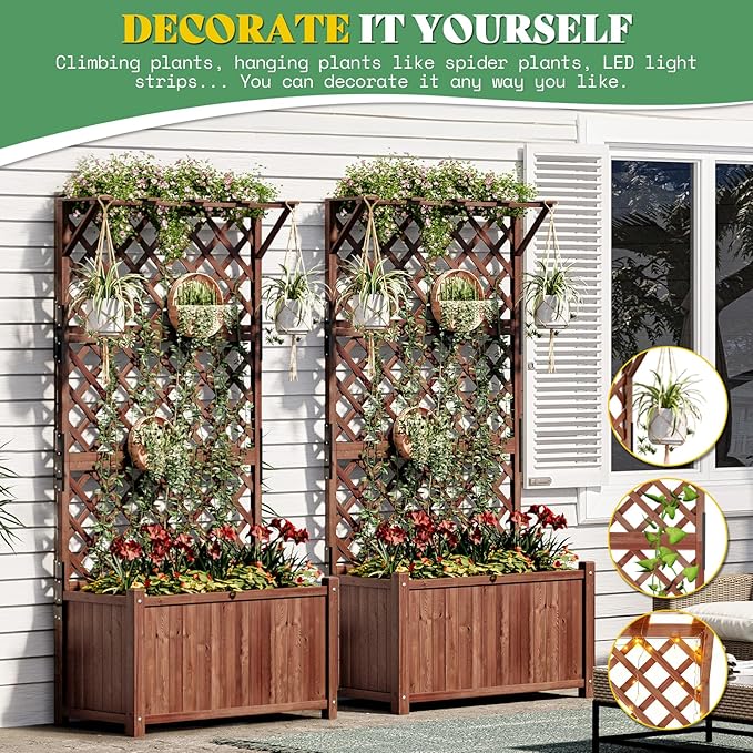 AMERLIFE 2 Pack Raised Garden Bed with Trellis for Vegetables Climbing Plants Durable Natural Wood Planter Box with Drainage Holes Privacy Planter for Outdoor Yard &amp Patio Easy Assembly