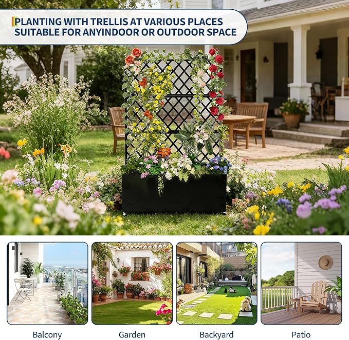 Galvanized Steel Raised Garden Bed with Trellis &amp Privacy Screen - 71 in x35 in x16 in Planter Box with Lockable Casters &amp Drainage Holes for Vines Vegetables On Patio Deck or Yard Black