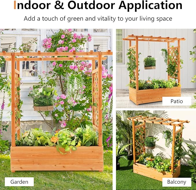 S AFSTAR Raised Garden Bed with Arch Trellis Wood Planter Box with Hanging Roof Side Trellis 4 Drainage Holes Above Ground Elevated Garden Bed for Outdoor Climbing Plants Vines Patio