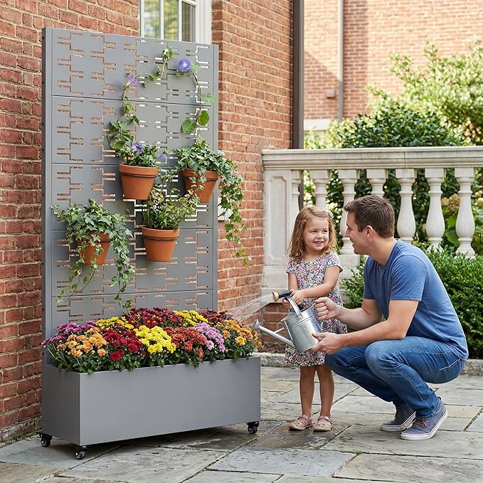 Casaphoria Metal Raised Garden Bed with Trellis and Wheels 72x35x16 Planter Box for Climbing Plants Vegetables &amp Vines Features Drainage Holes and Privacy Screen Grey-Brick