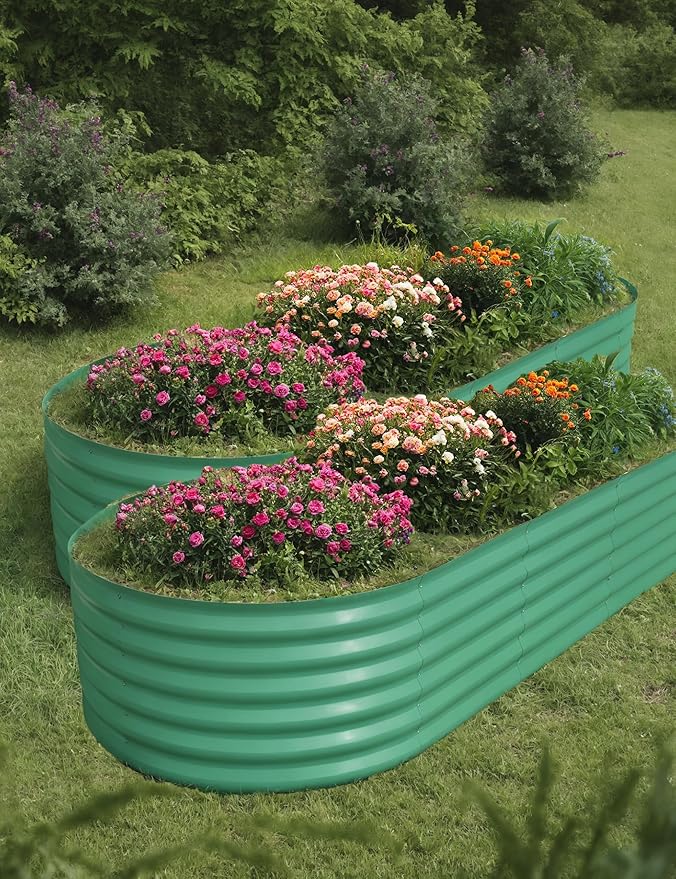2 PCS Metal Raised Garden Beds Outdoor Galvanized Steel Planter Box for Flowers Vegetables Rust-Resistant Garden Box Easy Assembly Raised Beds Durable Planters for Outdoor Plants Green
