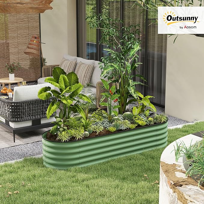 Outsunny 6.5' x 2' x 1.4' Galvanized Raised Garden Bed Kit Outdoor Metal Elevated Planter Box with Safety Edging Easy DIY Stock Tank for Growing Flowers Herbs &amp Vegetables Green