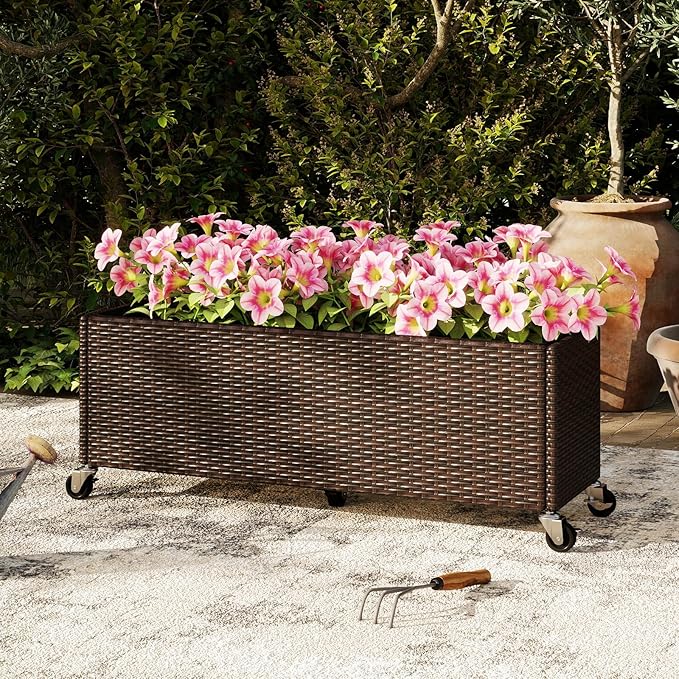 Giantex Wicker Raised Garden Bed with Wheels 38”x12”x14” Rectangular Garden Planter Box w/PE Rattan Liner Fabric Wicker Patio Elevated Raised Bed for Vegetable Flower Herb Porch Balcony
