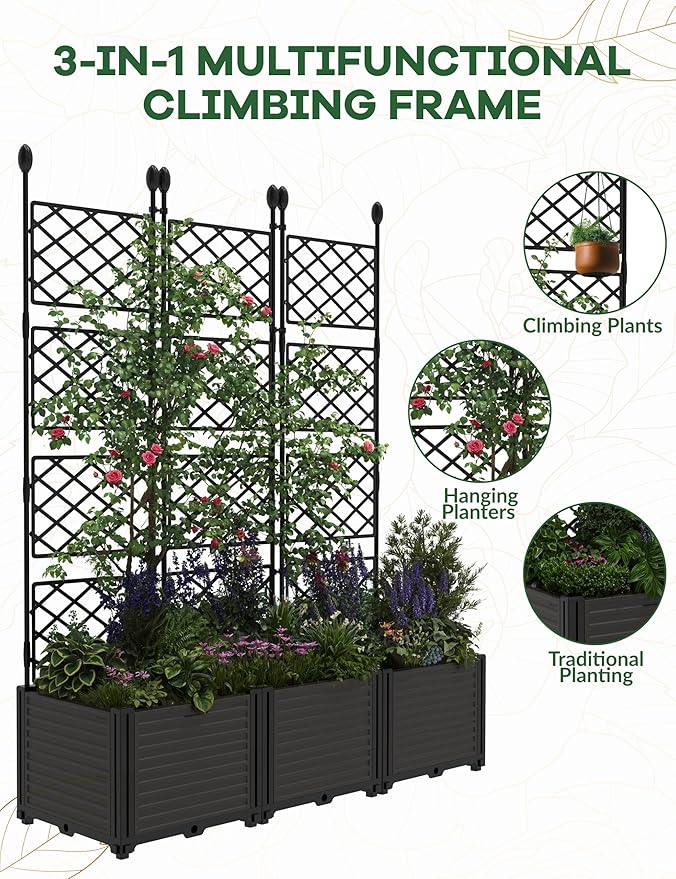 Garvee 3 PCS Plastic Plant with Metal Trellis Raised Garden Bed with Trellis Planter for Climbing Plant Outdoor Raised Box Privacy Screen for Patio Balcony Planter for Backyard Patio