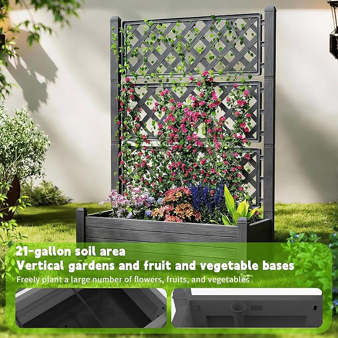 Elevated Raised Garden Bed with Trellis 21 Gallon Self-Watering Outdoor Resin Planter Box with Lockable Wheels Drain Plug &amp Water Monitor for Plants Vegetables Flowers Fruits (Black)