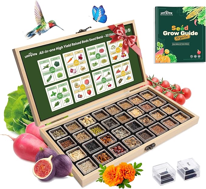 Lush&ampDew Raised Garden Bed Heirloom Seed Bank 32 Varieties 30000+ Non-GMO Seeds for Planting Vegetables Herbs Fruits Year-Round Gardening Gifts for Women Men Survival Seed Kit for Food Supplie