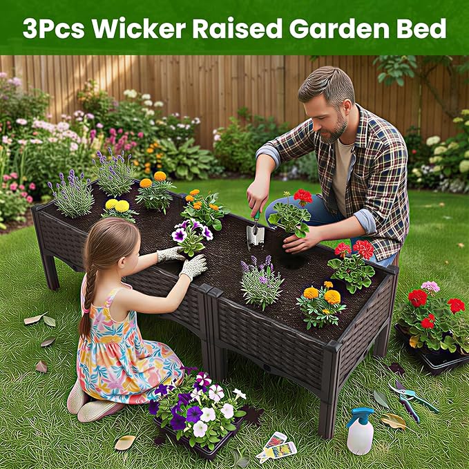 3Pcs Plastic Raised Garden Bed46.8×15.6×14.4 Elevated Wicker Planter Box with Self-Watering System Plants Garden Boxes with Legs for Growing Fresh VegetablesFruitFlowers and Herbs