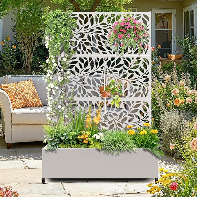 Metal Raised Garden Bed with Trellis 2 in 1 Trellis with Planter Box &amp Privacy Screen for Climbing Plants Vine Outdoor Standing Flower Beds with Drainage Holes47.2 L x 16.7 W x 70.8 H(Whit