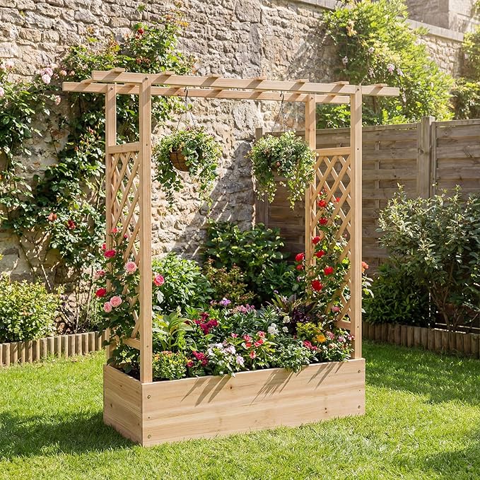 HAPPYGRILL Raised Garden Bed with Trellis &amp Hanging Roof 45 Tall Wooden Planter Box with Drainage Holes Outdoor Wood Elevated Garden Bed for Climbing Plants Vines Vegetables Flowers (Natural1)