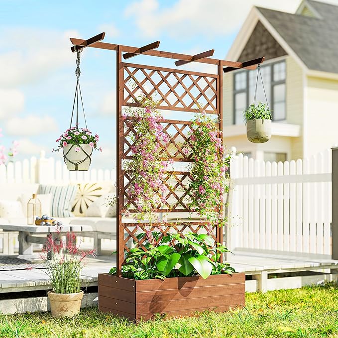 Outsunny Wood Planter Box with Trellis Raised Garden Bed Privacy Screen Planter Box for Climbing Plants Vines Vegetables Flowers 63 x 21.75 x 72