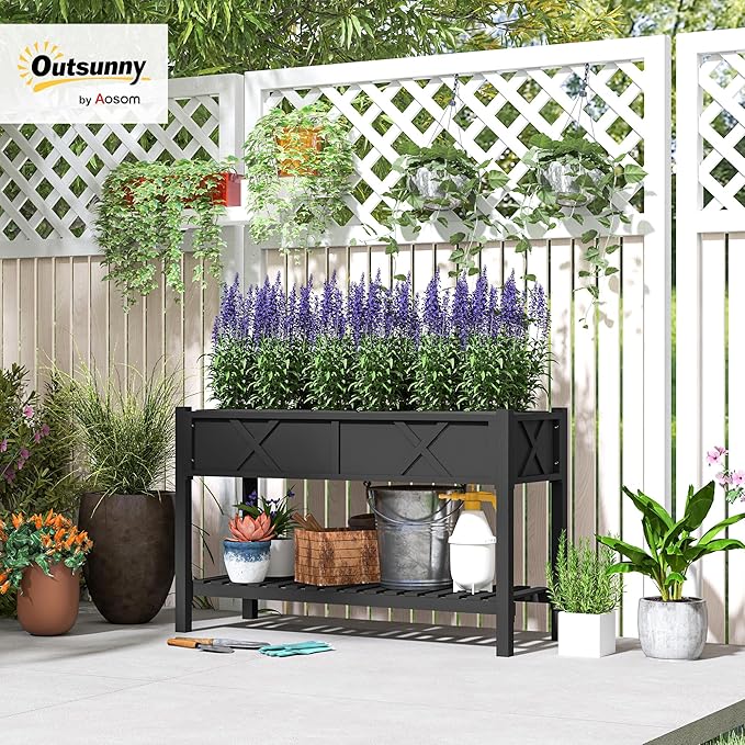Outsunny Raised Garden Bed Elevated Wood Planter Box with Storage Shelf Drainage Holes and Liner for Backyard Patio Balcony 47 x 22 x 31.5 in Black