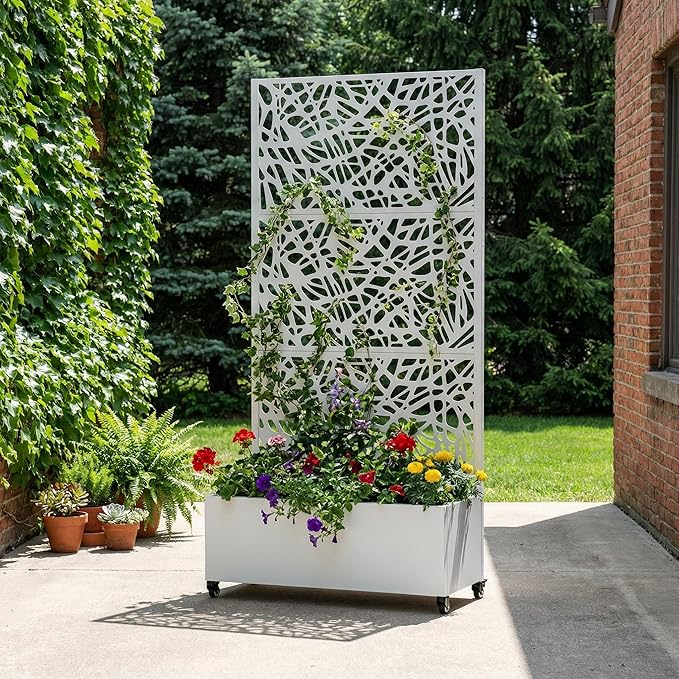 Casaphoria Metal Raised Garden Bed with Trellis and Wheels 72x35x16 Planter Box for Climbing Plants Vegetables &amp Vines Features Drainage Holes and Privacy Screen White-Net