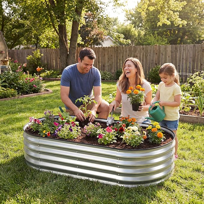 DUMOS 4x2x1ft Galvanized Raised Garden Bed Outdoor Planter Box with Open Bottom Design Metal Large Garden Bed for Vegetables Herbs &amp Flowers Rustproof for Backyard &amp Patio Silver