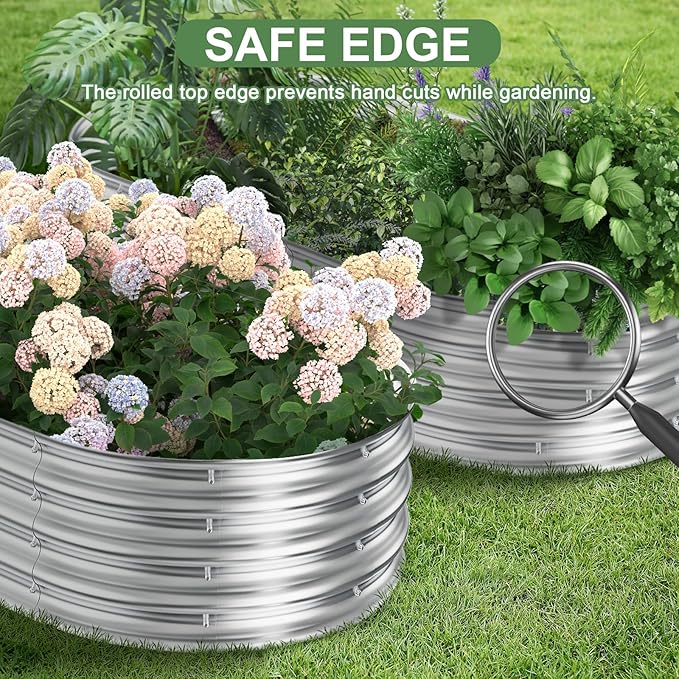 Metal Oval Raised Garden Beds(Silver) 6 × 3 × 1ft Galvanized Raised Garden Bed Kit Outdoor with Safety Edging Large Raised Planter Boxes for Gardening Vegetables and Flowers