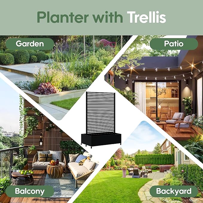 Double Metal Planter Box with Trellis Privacy Screen Raised Garden Bed with Trellis &amp Wheels Planter Box Outdoor with Drainage Holes for Climbing Plants Vines73x 47x 30 Black