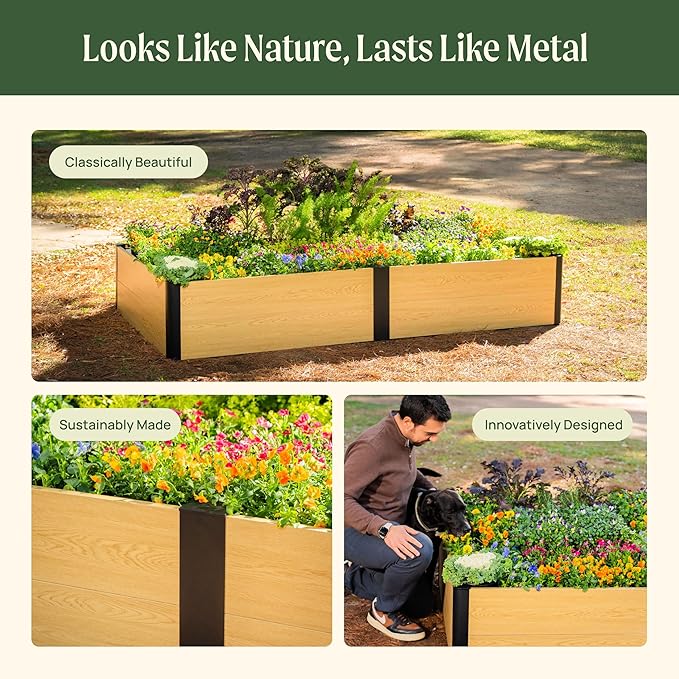 Vego garden Woodgrain Series Raised Garden Bed 16'' Tall 4' x 4' Wooden-Look Metal Planter Box Outdoor for Gardening Vegetables Flowers Herbs