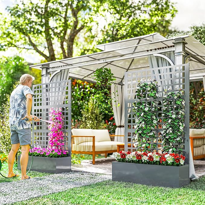 Outsunny Galvanized Raised Garden Bed with Trellis Metal Planter Box with Drainage Holes Outdoor Privacy Screen for Climbing Plants Vegetable Vines 43 x 16 x 70 2 Pack Gray Wood Effect