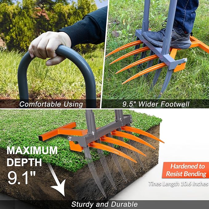 Walensee Broad Fork Garden Tool 9 Tines Heavy Duty Broadfork Hand Tiller 2-in-1 Garden Pitchfork with Ergonomic U-Shaped Handle Spading Digging Fork for Gardening Cultivating