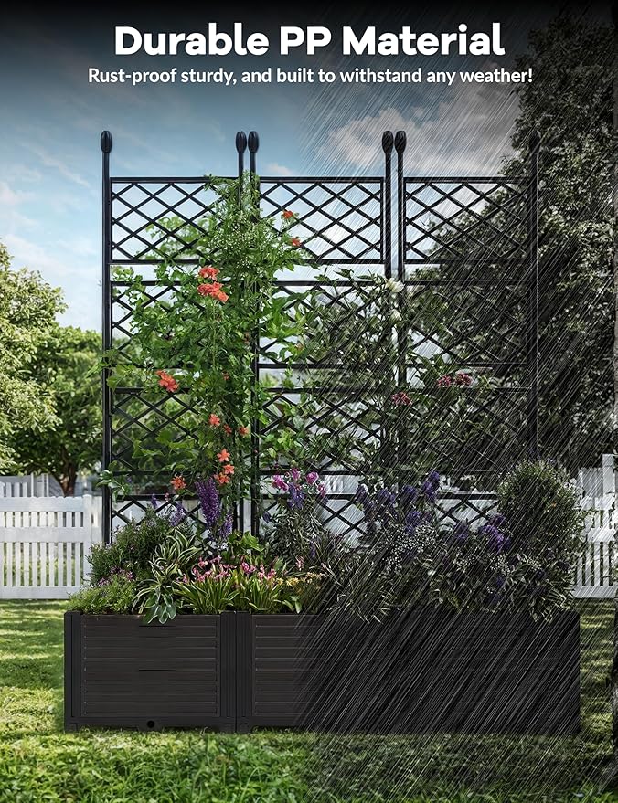 3 PCS Plastic Planter with Metal Trellis 48.8 in Privacy Screen &amp Garden Bed for Climbing Plants Freestanding Raised Box for Patio Balcony &amp Small Outdoor Spaces