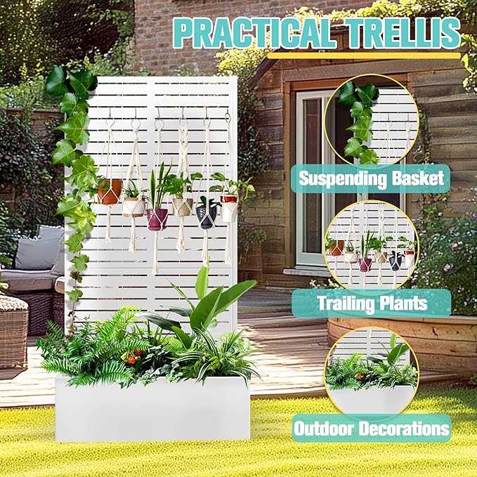 71x35x16 Metal Planter Box with Trellis Raised Garden Bed with Trellis Planter Box &amp Privacy Screen for Climbing Plants Vegetable Vines(White Louvered)
