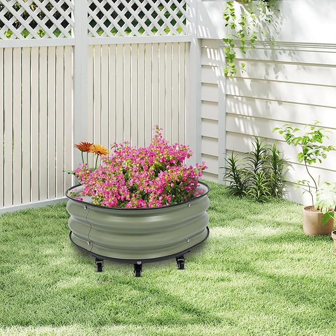 Metal Raised Garden Bed with Wheels and Removable Base 60x60x30cm Elevated Planter Box for Vegetables Flowers Round Iron Outdoor Gardening Container with Drainage Holes