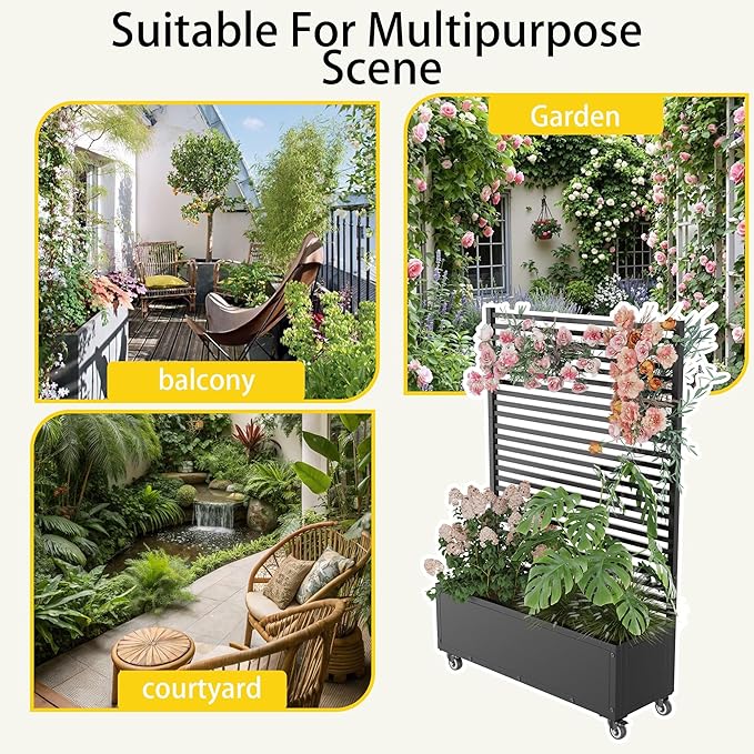 YOHKOH Metal Planter Box with Trellis 4 Wheels (2 Lockable) 13 Deep Raised Garden Bed with Trellis and Privacy Screen 47.2W x 14.7D x 70.3H Planter Box for Climbing Plants Patio Garden Black