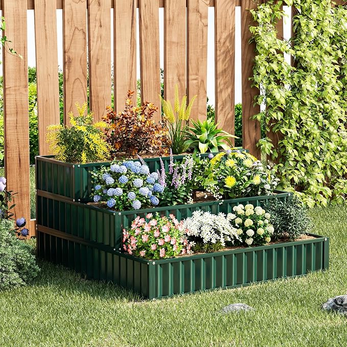 Giantex 3-Tier Raised Garden Bed Set 2 47 x47''x24'' Heavy-Duty Metal Outdoor Planter Box w/Open-Ended Base Elevated Planter Box for Vegetable Fruit Flower Herb Patio Backyard Raised Bed Kit