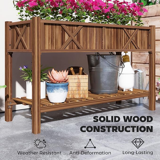 Elevated Wood Planter Box with Storage Shelf &amp Liner Raised Garden Bed with Drainage Holes Complete Gardening Solution for Patio Deck &amp Backyard (Brown)
