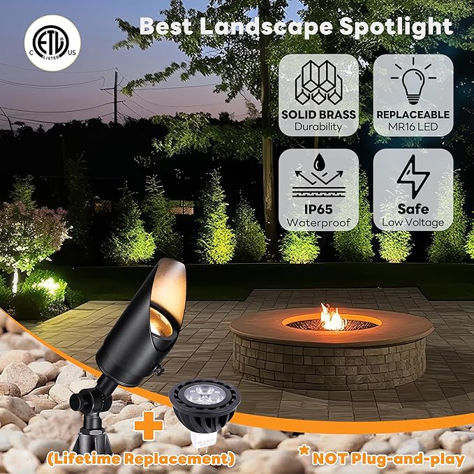 Low Voltage Brass Landscape Spotlights - Waterproof 12V LED Uplights for Garden Yard Tree House - 5W 2700K Warm White MR16 Bulb Outdoor Lighting (Black 06)